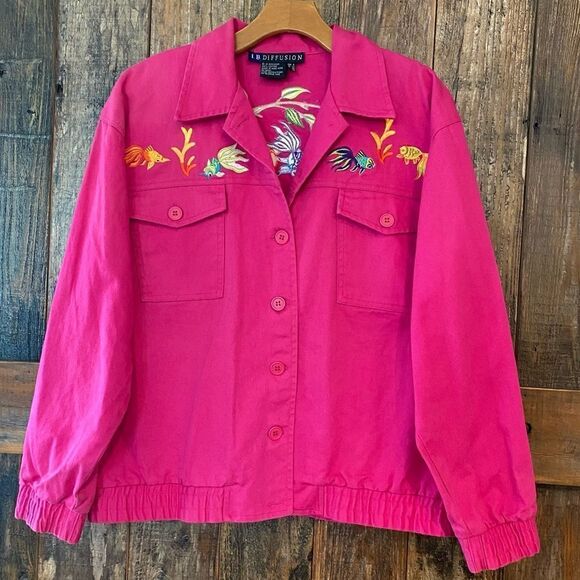 I.B. Diffusion Sz 8 Fuschia Pink Heavy Embroidered Koi Fish Vintage Jacket - Picture 10 of 12